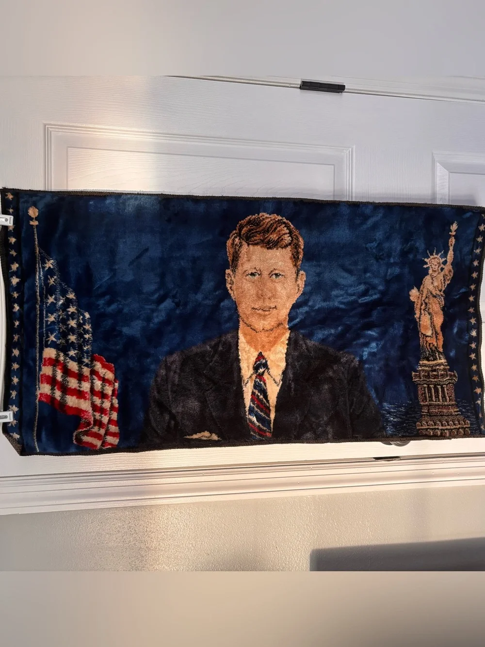 Vintage 1965 John F Kennedy Velvet Tapestry  w/Statue of Liberty & Flag, Italy
